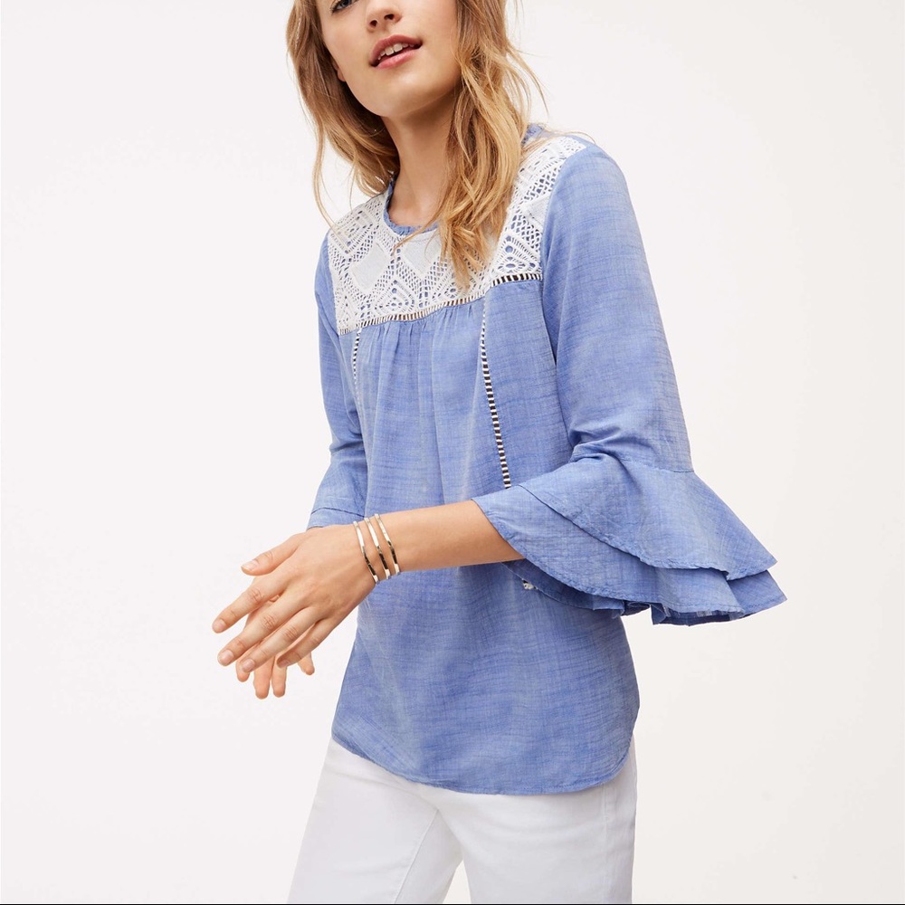 BOGO - Loft Chambray Crochet Bell Sleeve Top